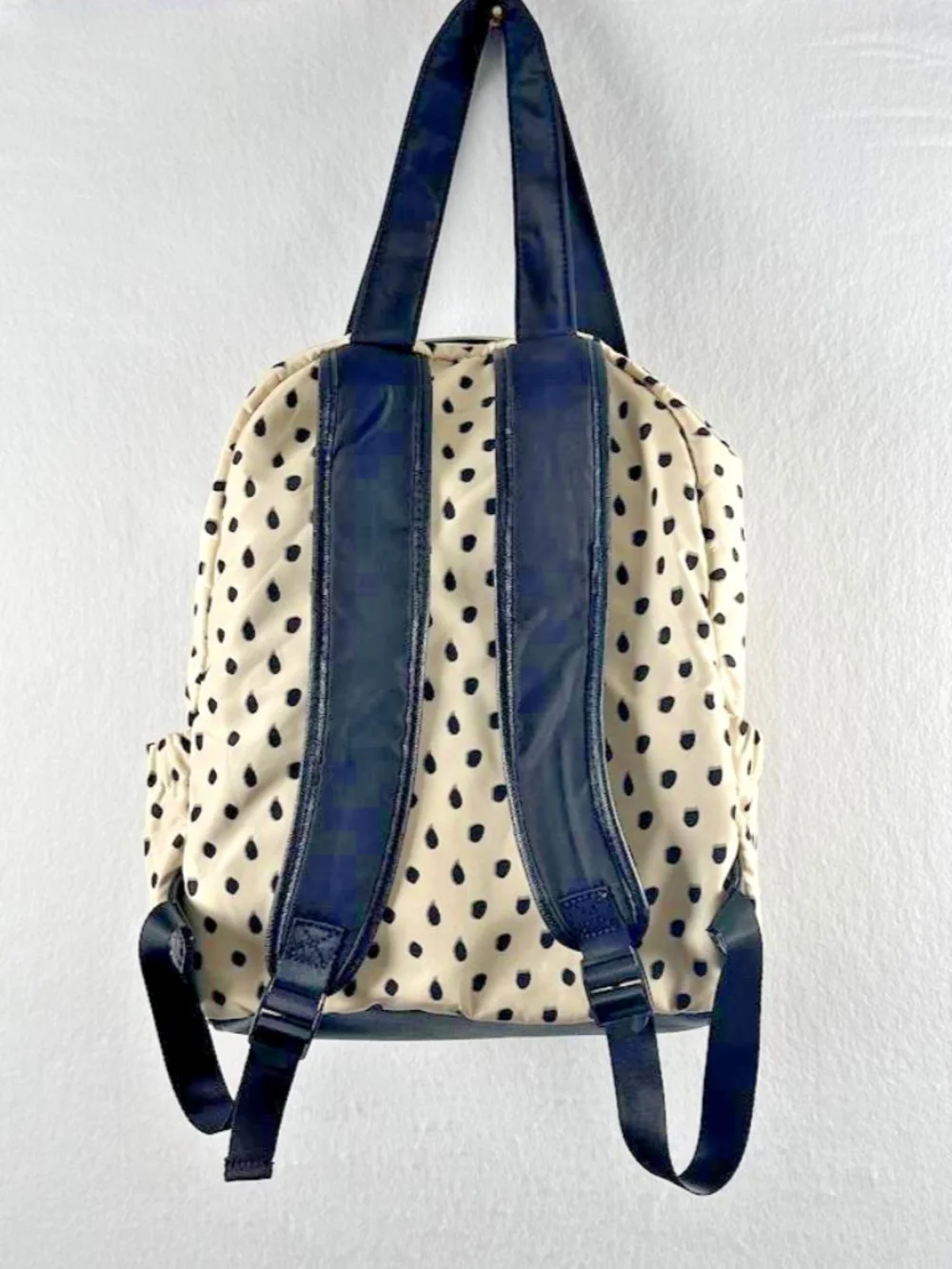 Betsey Johnson Cream Black Polka Dot Nylon Backpack Purse Heart Charm College